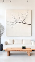 Sticker - Minimalist living room with a white couch and wooden coffee table.