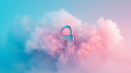 Poster - an unlocked padlock surrounded by a fluffy, cloud-like substance against a gradient background that transitions from blue to pink