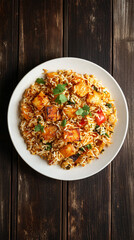 Wall Mural - Scrumptious indian paneer tikka masala biryani served on a white plate against a rustic wooden backdrop. Rich colors and fragrant spices. Ideal for lunch or dinner