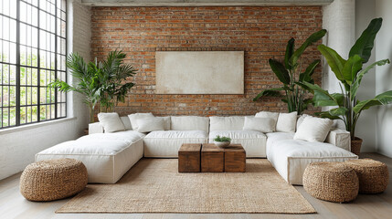 Sticker - Modern living room with white sectional sofa,  exposed brick wall, and large windows.