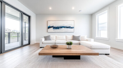 Canvas Print - Modern living room with a white sectional sofa and a wooden coffee table.