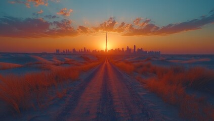 Sticker - Dubai Sunset, Cityscape and Road