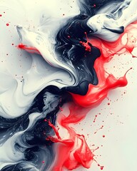 Abstract art featuring a dramatic splash of red, black, and white paint, creating a swirling and dynamic composition.