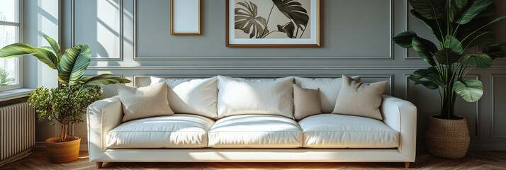 Sticker - A white sofa with pillows in a bright living room.