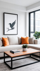 Sticker - Modern living room with a white sectional sofa and a coffee table in front of a large window.