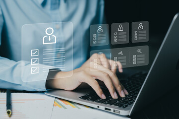 Poster - Close-up of a person typing on a laptop with digital icons representing user profiles and data management.