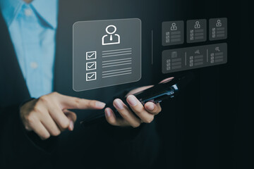 Poster - Close-up of a person using a smartphone with digital icons, symbolizing online management and personal data organization.