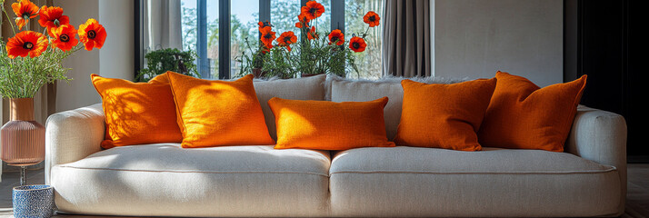 Wall Mural - A white sofa with orange throw pillows is ready to relax in.