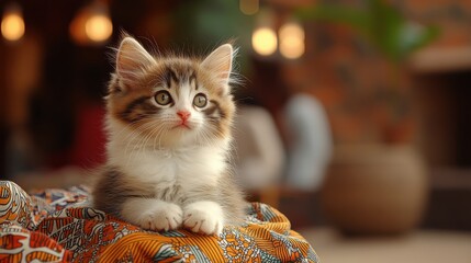 Adorable Fluffy Kitten Relaxing on a Cozy Blanket in a Warm Ambient Room Setting with Soft Lighting and Potted Plant