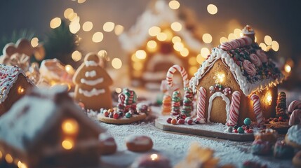 Wall Mural - A charming gingerbread village showcases intricately decorated houses with colorful candy details. Soft lights illuminate the festive scene, creating a cozy holiday atmosphere