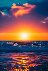 Poster - The sun rises over the ocean, casting warm hues across the water. Waves gently roll in, creating bubbles that sparkle in the early light while clouds streak the sky in vibrant colors. Generative AI