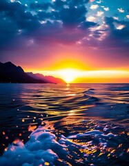 Poster - The sun rises over the ocean, casting warm hues across the water. Waves gently roll in, creating bubbles that sparkle in the early light while clouds streak the sky in vibrant colors. Generative AI