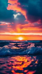 Poster - The sun rises over the ocean, casting warm hues across the water. Waves gently roll in, creating bubbles that sparkle in the early light while clouds streak the sky in vibrant colors. Generative AI