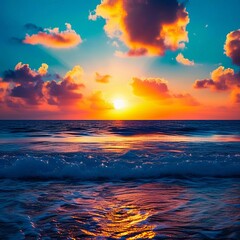 Poster - The sun rises over the ocean, casting warm hues across the water. Waves gently roll in, creating bubbles that sparkle in the early light while clouds streak the sky in vibrant colors. Generative AI