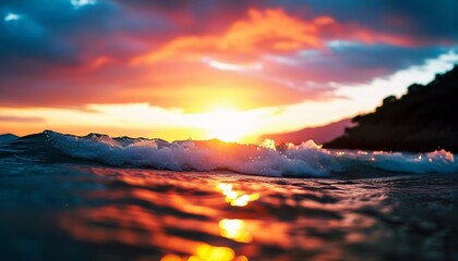 Poster - The sun rises over the ocean, casting warm hues across the water. Waves gently roll in, creating bubbles that sparkle in the early light while clouds streak the sky in vibrant colors. Generative AI