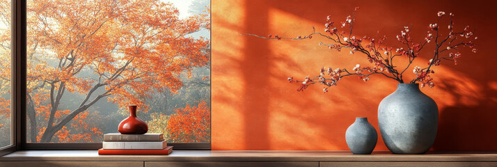 Wall Mural - Autumn leaves viewed through a window with two gray vases on a windowsill.