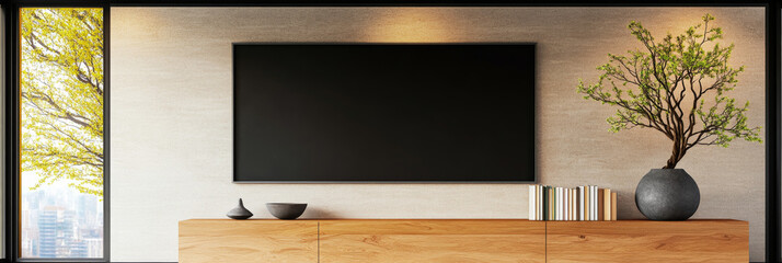 Wall Mural - Modern living room with a large TV above a wooden console.