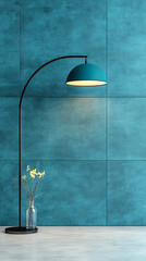 Poster - A modern arc lamp with a teal shade illuminates a room with a teal wall.