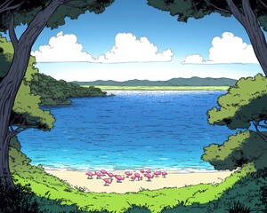 Wall Mural - Serene Ocean View Framed by Lush Greenery; Tranquil Beach Scene with Vibrant Waters and Clear Blue Sky Perfect for Nature Enthusiasts