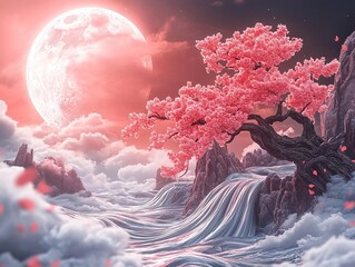 Canvas Print - Fantasy Landscape with Pink Moon and Cherry Blossom Tree