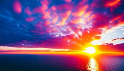 Poster - The sun rises over the ocean, casting warm hues across the water. Waves gently roll in, creating bubbles that sparkle in the early light while clouds streak the sky in vibrant colors. Generative AI