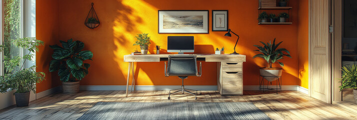 Canvas Print - A modern home office with a bright orange wall and natural light.