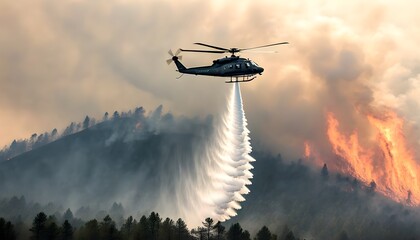 Wall Mural - Helicopter in Action: Battling the Blazing Wildfire with Water Drops in a Dramatic Display of Heroism and Natures Fury