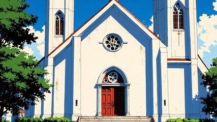 church exterior retro anime high-quality image and aesthetic finish background