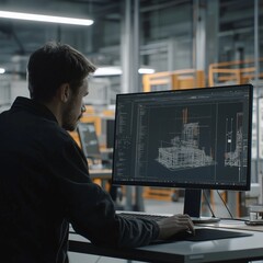 Over the shoulder shot of engineer working with cad software on desktop computer screen shows technical details and drawings. in the background engineering facility specialising on industrial design.