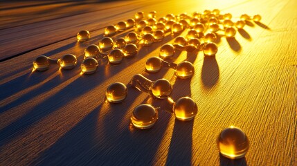 Poster - Golden Hour Spheres on Wooden Surface