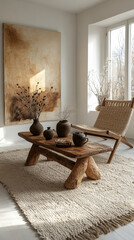 Wall Mural - Rustic wooden coffee table with a vase of dried flowers in a minimalist living room.