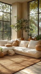 Sticker - A large, white sectional sofa sits in a living room, facing large windows.