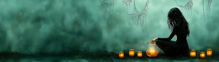 Enchanting Witch Brews Glowing DIY Potion in Spooky Setting - 3D Illustration with Copy Space