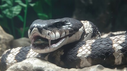 Canvas Print - Close Up of a Snake with Open Mouth and Prey