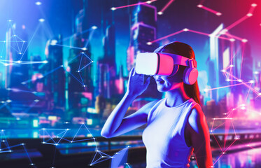 Female standing in cyberpunk style building in meta wear VR headset connecting metaverse, future cyberspace community technology, Woman raise right hand holding goggles looking faraway. Hallucination.