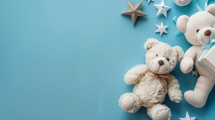 A teddy bear with a blue bow tie lies on a light blue background surrounded by stars, balloons, a gift box, and decorative balls, creating a festive and playful scene.