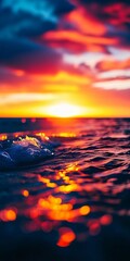 Poster - The sun rises over the ocean, casting warm hues across the water. Waves gently roll in, creating bubbles that sparkle in the early light while clouds streak the sky in vibrant colors. Generative AI
