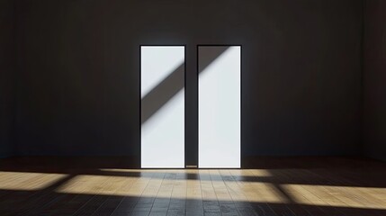 Wall Mural - Two blank white posters on a wall with sunlight streaming through the window and onto a wooden floor.