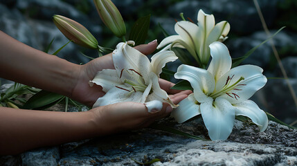 Wall Mural - a close-up of two hands holding flowers--one with white lilies and the other with a white rose. The hands are resting on a rough stone surface