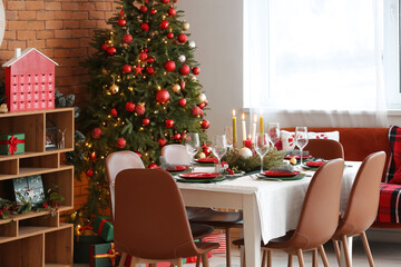 Wall Mural - Interior of festive dining room with table served for Christmas celebration