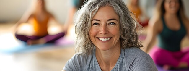 Wall Mural - A photo of a middle-aged woman smiling, sitting on the floor in a yoga studio with friends doing poses behind her