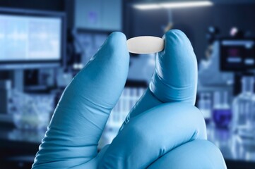 Poster - Medical pill in hand on background, Taking Medication