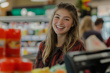 A young adult Caucasian female cashier smiles brightly as she engages with customers at her checkout station. The lively supermarket background showcases colorful products and a bustling shopping