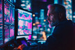 © wolfhound911 - A senior Caucasian stock trader, confidently directing his team while monitoring the markets on multiple screens, with a bright neon-lit city view creating an inspiring backdrop for intense trading.