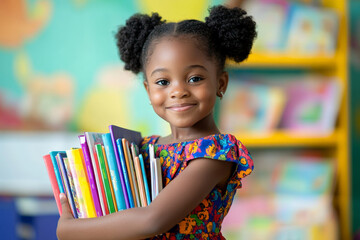 Wall Mural - A young African American schoolgirl, about five years old, with a vibrant dress, embraces a collection of picture books in a colorful classroom setting. The background features playful decorations and