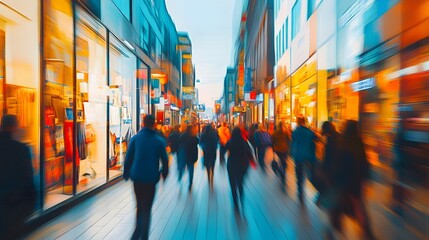 A vibrant urban scene with blurred pedestrians walking in a bustling shopping district, capturing the essence of city life.