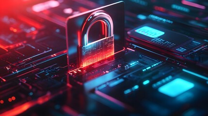 Poster - A digital padlock representing cybersecurity, protecting data on high-tech platforms. Ideal for tech, security, and innovation themes.