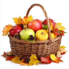 Sticker - A beautiful basket filled with colorful apples and pumpkins rests among vibrant autumn leaves. This still life captures the essence of fall, blending nature and harvest. AI