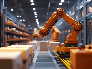 Poster - Automated robotic arm sorting packages in a modern warehouse environment, showcasing advanced technology and efficiency.