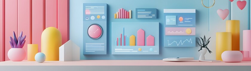 Poster - Colorful abstract background featuring charts, graphs, and decorative shapes on a pastel theme for modern presentations.